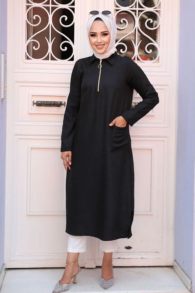 Neva Style - Tunica neagra Hijab cu buzunare 4771s