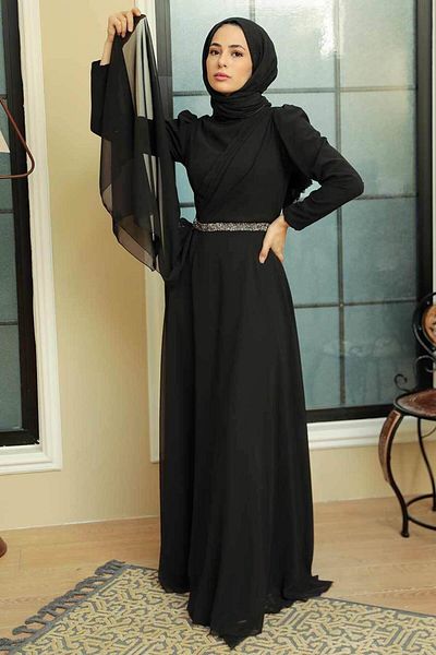 Neva Style Rochie de seară neagră cu hijab cu detaliu drapat 5737s
