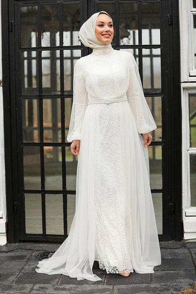 Neva Style Sequin Sequined Ecru Hijab Evening Dress 5383E