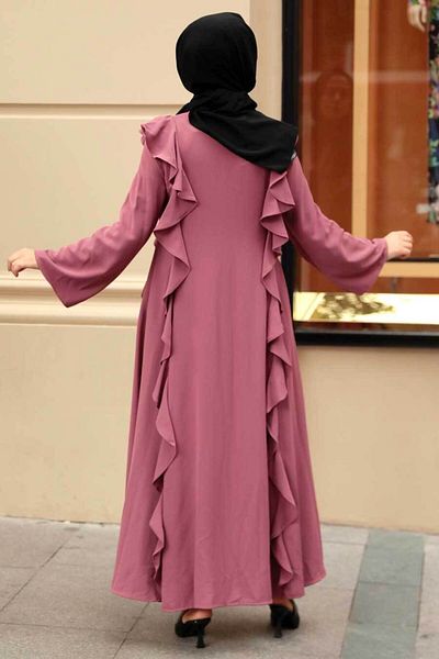 Neva Style Ruffle Detailed Rose Dried Hijab Abaya 15402Gk