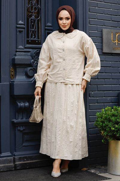 Neva Style طقم طية صدر السترة للأطفال مع تنورة حجاب باللون البيج - 30004BEIGE
