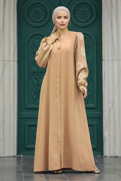 Neva Style فستان سالمون حجاب بأكمام مفصلة 20157smn