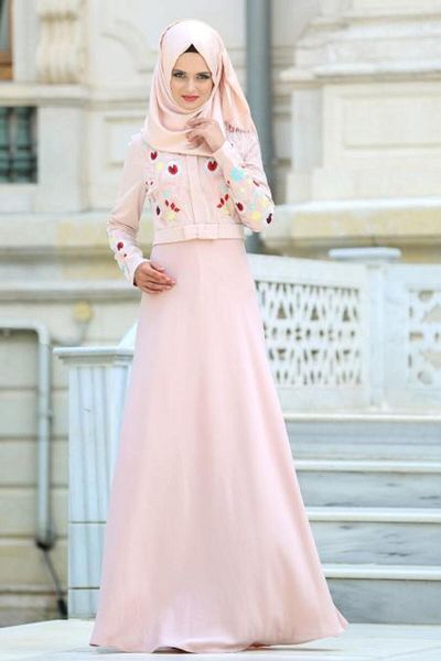Neva Style Floral Embroidered Powder Hijab Dress 7749Pd