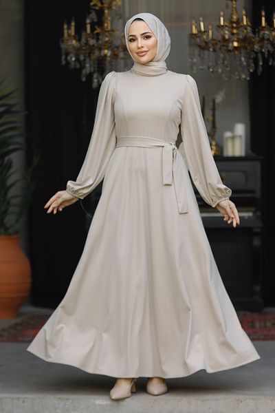 Neva Style Rochie Hijab Bej - Cu Curea, Model Nr: 23101BEJ