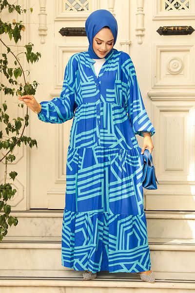 Neva Style Turquoise Patterned Hijab Dress - 23583tr