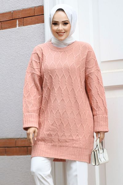 Neva Style Tricotaj Hijab Somon cu model diamantat Pulover tunică 10241SMN