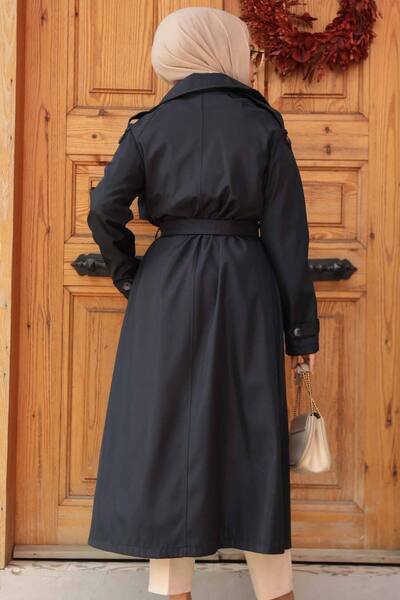 Neva Style Buttoned Navy Blue Hijab Trench Coat 5949L