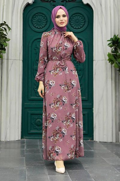 Neva Style Floral Patterned Dusty Rose Hijab Dress 279082 Gk