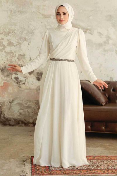 Neva Style Βραδινό φόρεμα Ecru Hijab με ντραπέ λεπτομέρεια 5737e