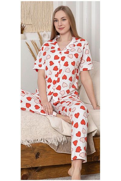 The Clover Set de pijamale pentru femei cu model de inimă albă și roșie