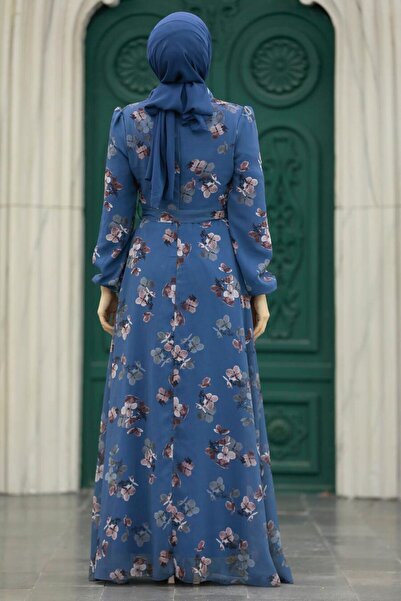 Neva Style Çiçek Desenli Indigo Mavisi Tesettür Elbise 279317ım