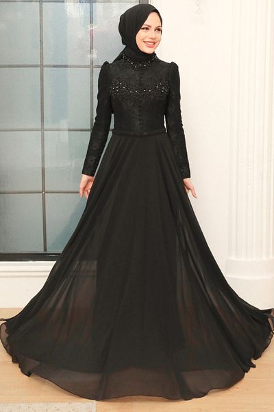 Neva Style Βραδινό φόρεμα με χάντρες μαύρο χιτζάμπ 762s