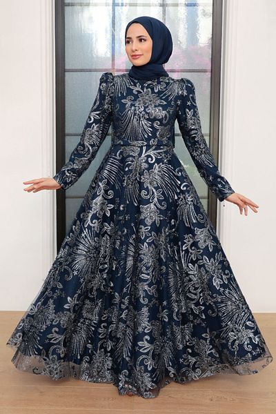 Neva Style Beaded Navy Blue Hijab Evening Dress 22662L