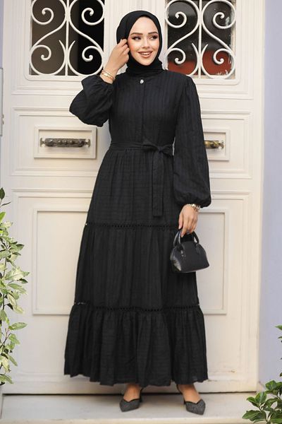 Neva Style Rochie Hijab neagră plisată 10024S
