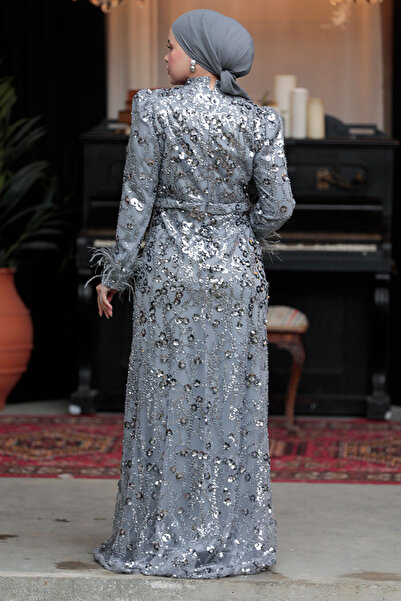 Neva Style Bead Embroidered Gray Hijab Evening Dress 23421GR