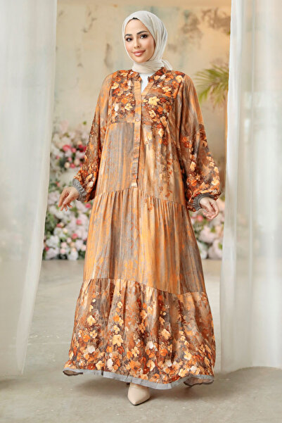 Neva Style Floral Patterned Orange Hijab Dress 18235T