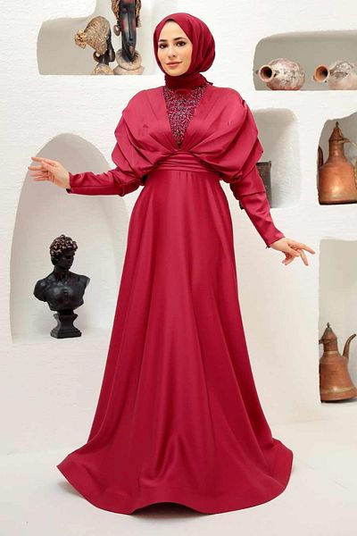 Neva Style Rochie de seara musulmana burgundy brodata cu margele 22451br