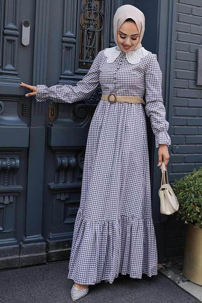 Neva Style Plaid Plum Hijab Dress 2711Mu