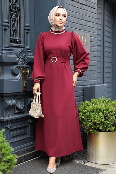 Neva Style Rochie de seară Hijab Burgundy cu centură 30031br