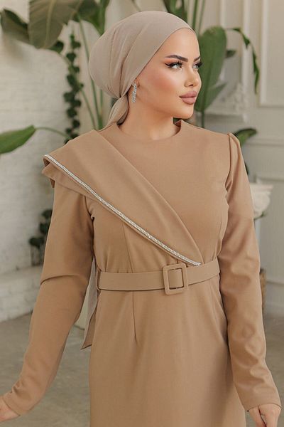 Neva Style Buckle Belted Biscuit Hijab Evening Dress 664Bs