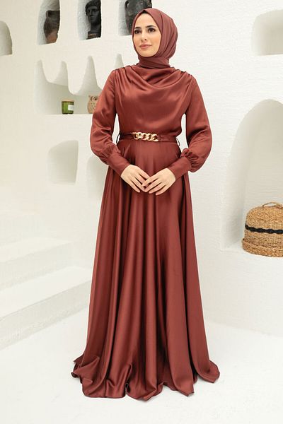 Neva Style Βραδινό φόρεμα Hijab Σατέν Καφέ 3460kh