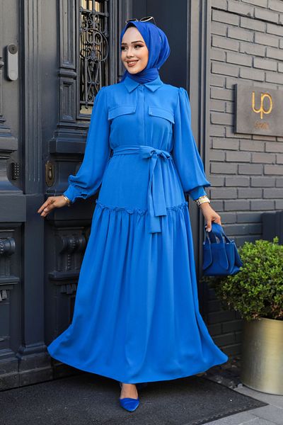 Neva Style Rochie Hijab Albastră - Cu centură, Model Nr: 12502M