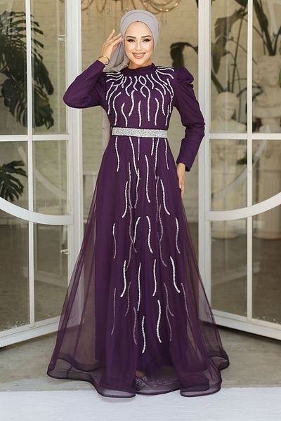 Neva Style Rochie de seara cu hijab - rochie de seara hijab prune brodata cu margele 51912mu