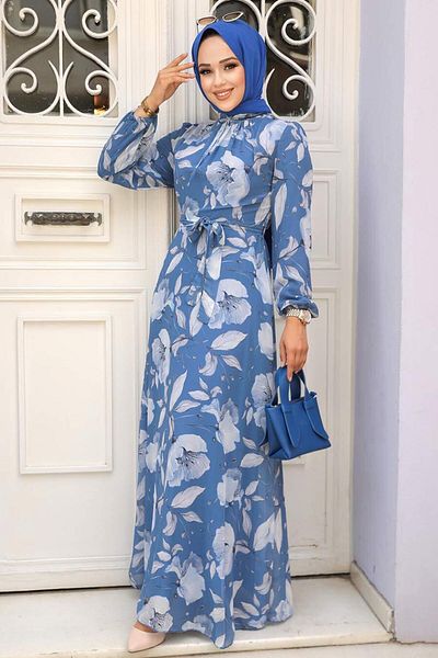 Neva Style Φόρεμα Hijab με μοτίβο λουλουδιών Indigo Blue 279016ım