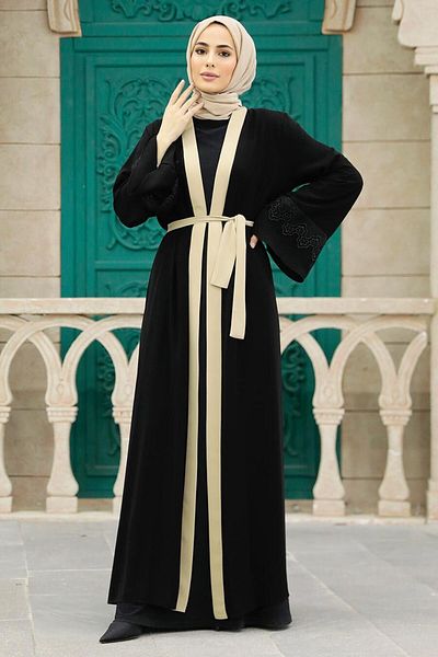 Neva Style Beige Belted Hijab Abaya 55440Beige