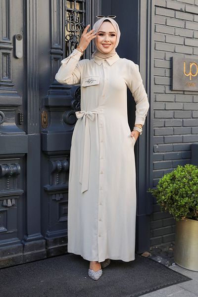 Neva Style Rochie Hijab Bej - Nasturi, Model Nr: 12504BEJ