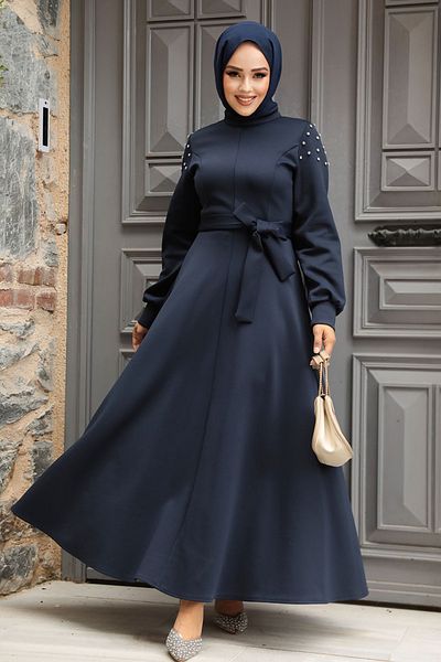 Neva Style Μπλε ναυτικό κεντημένο φόρεμα Hijab - 23631L