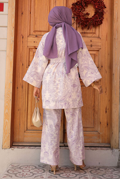Neva Style Lilac Patterned Hijab Double Kimono Set - 12122lila