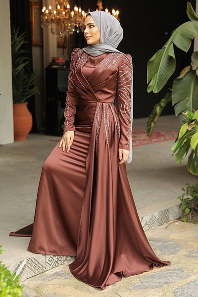 Neva Style Brown Hijab Satin Evening Dress with Tail 43381Kh