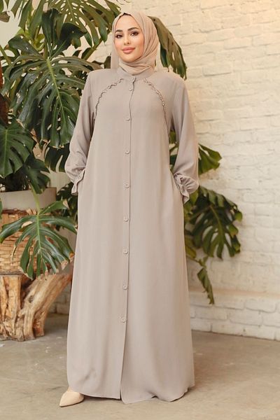 Neva Style Μπεζ Hijab Ferace - Κουμπιά, Μοντέλο 45275ΜΠΕΖ