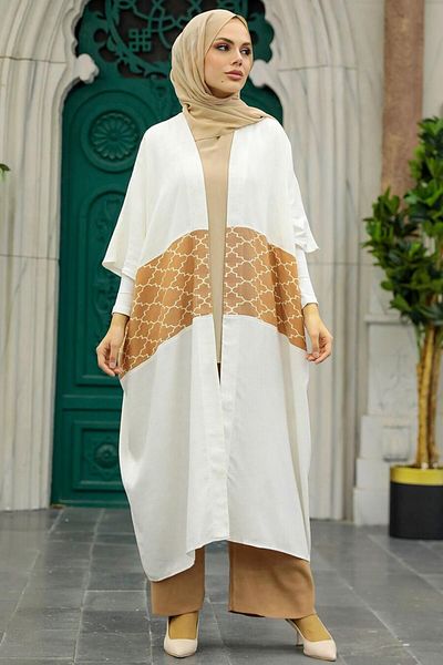 Neva Style Block Patterned Camel Hijab Kimono 8664C