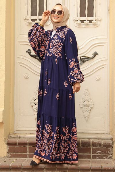 Neva Style Navy Blue Hijab Dress - Floral Pattern, Model 10300L