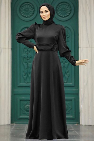 Neva Style Rochie de seara hijab neagra satinata 4171s