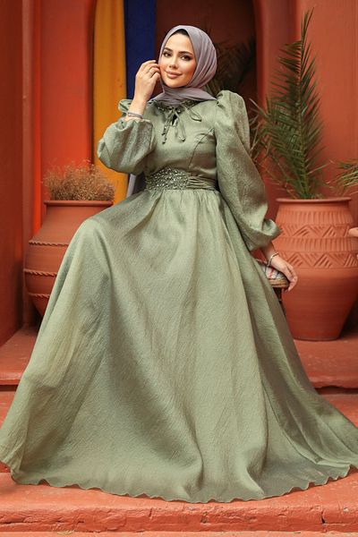 Neva Style Rochie de seară Hijab verde cu mânecă balon 45581cy