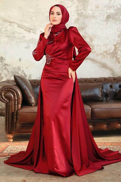 Neva Style Burgundy Satin Hijab Evening Dress with Tail 22881Br