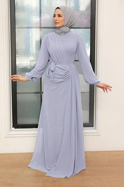 Neva Style Rochie de seara musulmana liliac deschis cu detaliu drapat 5711alıla