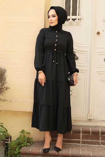 Neva Style - Rochie Hijab neagră cu nasturi 5720s