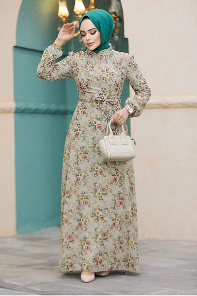Neva Style - Rochie Hijab Bej cu Motiv Floral 27947bej