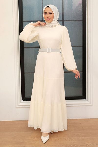 Neva Style Belted Ecru Hijab Dress 3590E