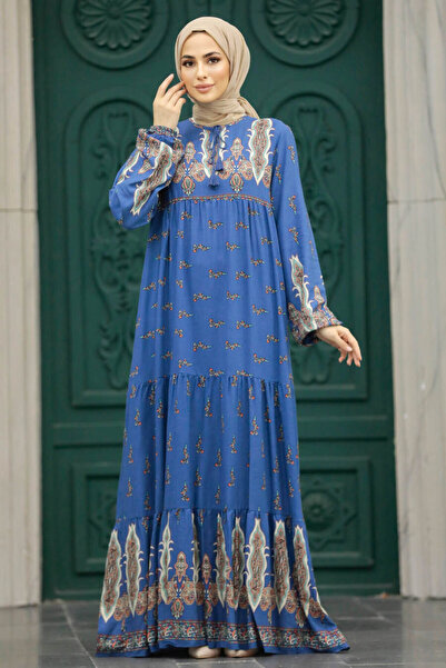 N.S NEVA STYLE Patterned Indigo Blue Hijab Dress 50092Im