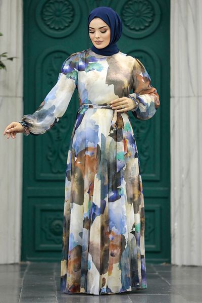 Neva Style Patterned Sax Blue Hijab Dress 33095Sx