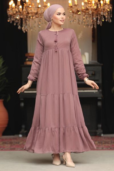 Neva Style Rochie Hijab cu pliuri Dusty Rose 22051GK