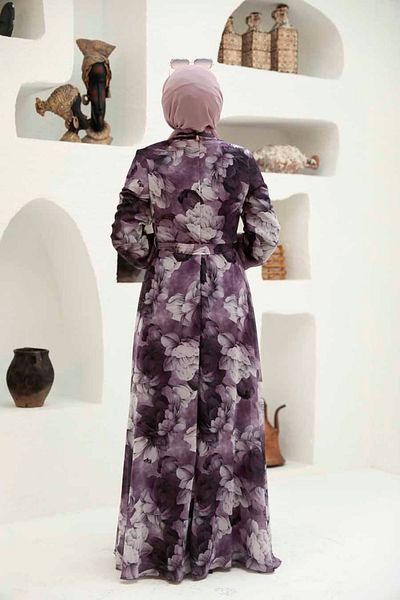 Neva Style Floral Patterned Dusty Rose Hijab Dress 279054 Gk