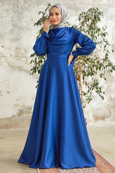 Neva Style Rochie de seara cu hijab - Rochie de seara hijab din satin albastru indigo 38031ım