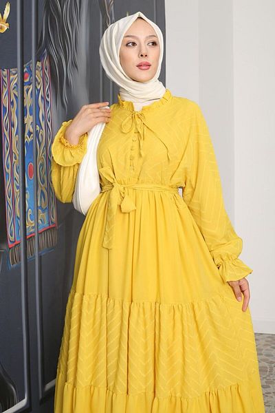 Neva Style Mustard Hijab Pleated Dress - 14232Hr