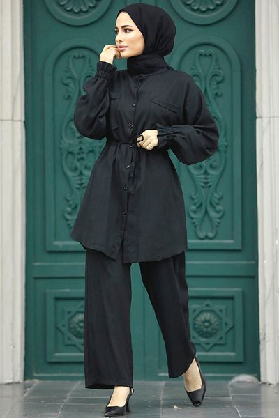 Neva Style Set dublu hijab negru cu buzunar 5899s